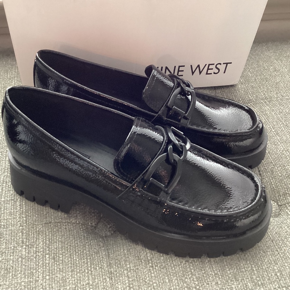 Nine West Black Patent Leather Lug Sole Loafers